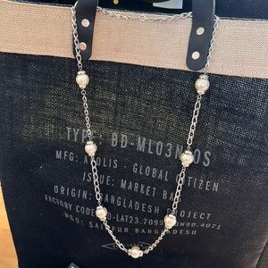 Anthropologie Long Silver Toned + Pearl Necklace